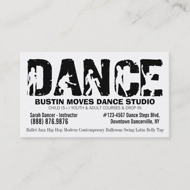 Black White Dance Studio Dancing Teacher Business Card (Front)