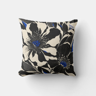 Black White Dancing Flowers Cobalt Cushion