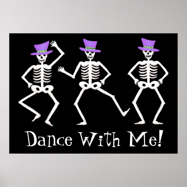 Black White Dancing Skeletons Happy Halloween Poster (Front)
