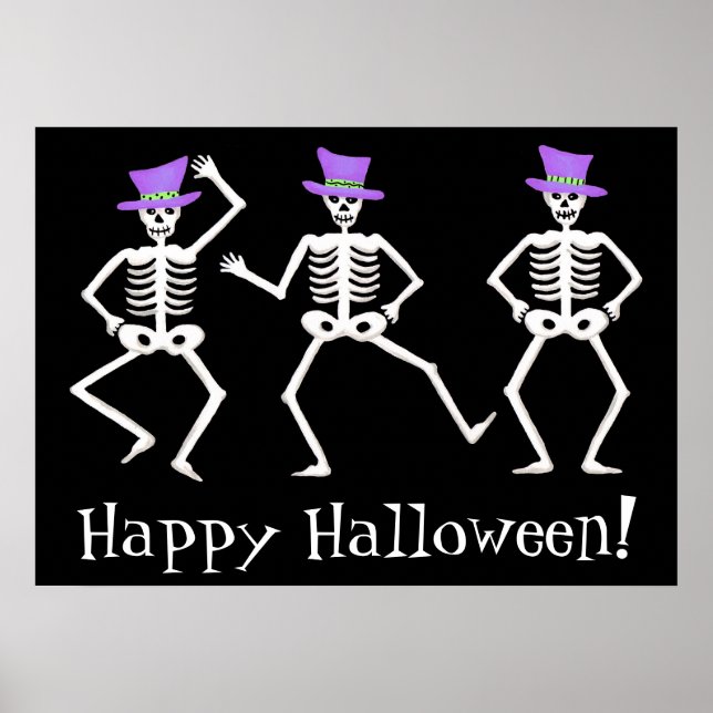Black White Dancing Skeletons Happy Halloween Poster (Front)