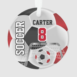 Black, White & Dark Red Personalise Soccer ⚽ Ornament