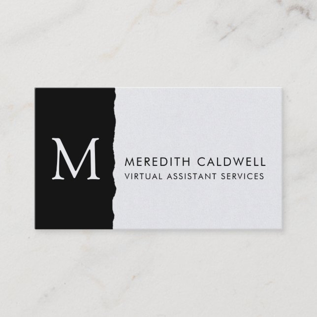 Black White Deckled Edge Colour Block Monogram  Business Card (Front)
