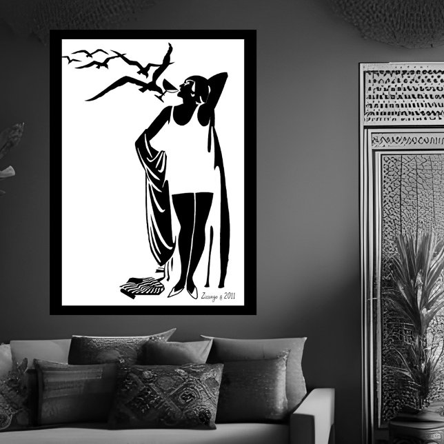Black White Deco woman beach champagne  Poster (Creator Uploaded)