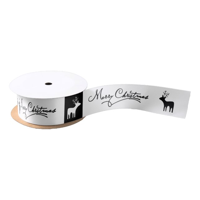 Black white deer cursive script Christmas holiday Satin Ribbon (Spool)
