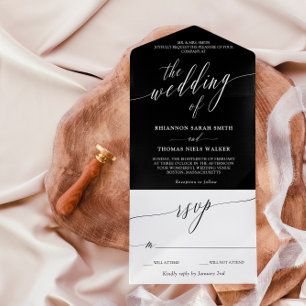 Black White Delicate Calligraphy Wedding All In One Invitation