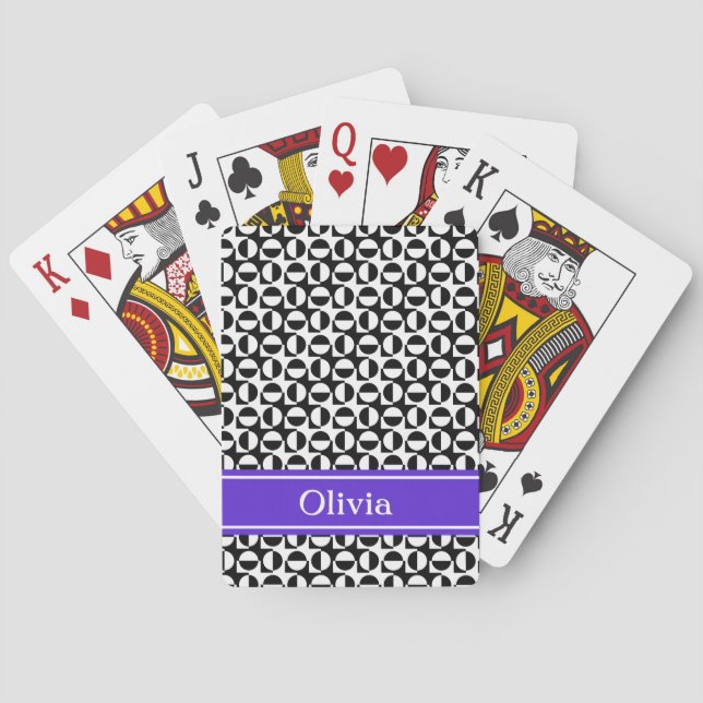 Black & White Diagonal Retro Pattern Purple Band Playing Cards (Back)