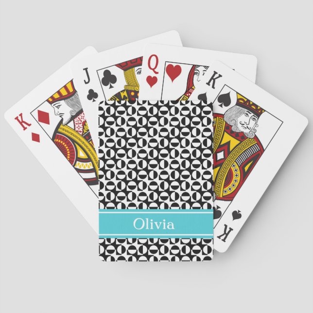 Black & White Diagonal Retro Pattern w/ Aqua Band Playing Cards (Back)