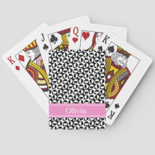 Black & White Diagonal Retro Pattern w/ Pink Band Playing Cards