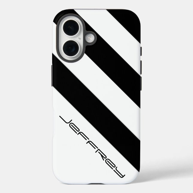 Black & White Diagonal Stripe, Name, Minimalist Case-Mate iPhone Case (Back)