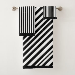 Black White Diagonal Stripes Bath Towel Set