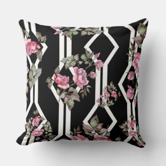 Black/White Diamond Rose Watercolor Pillow