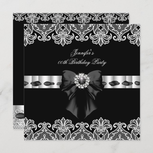 Black White Diamonds Lace Birthday Party 2 Invitation (Front/Back)