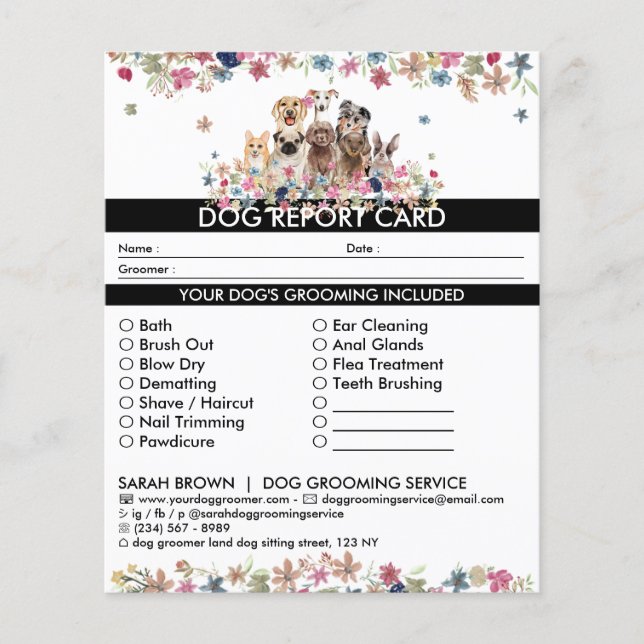 Black White Dog groomer Report Card (Front)