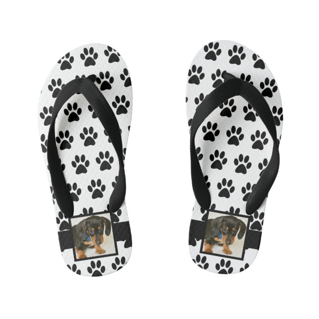 Black White Dog Pet Lover Photo Collage Pawprint Kid's Jandals (Footbed)