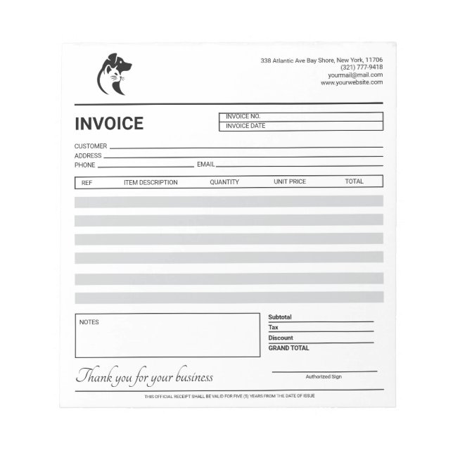 Black & White Dog Walker / Pet Sitter Invoice  Notepad (Front)