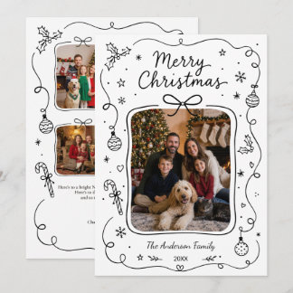Black White Doodle 5 Photo Collage Christmas Holiday Card