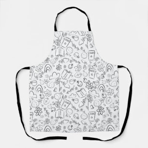 Black & White Doodle Cute Things Seamless Pattern Apron