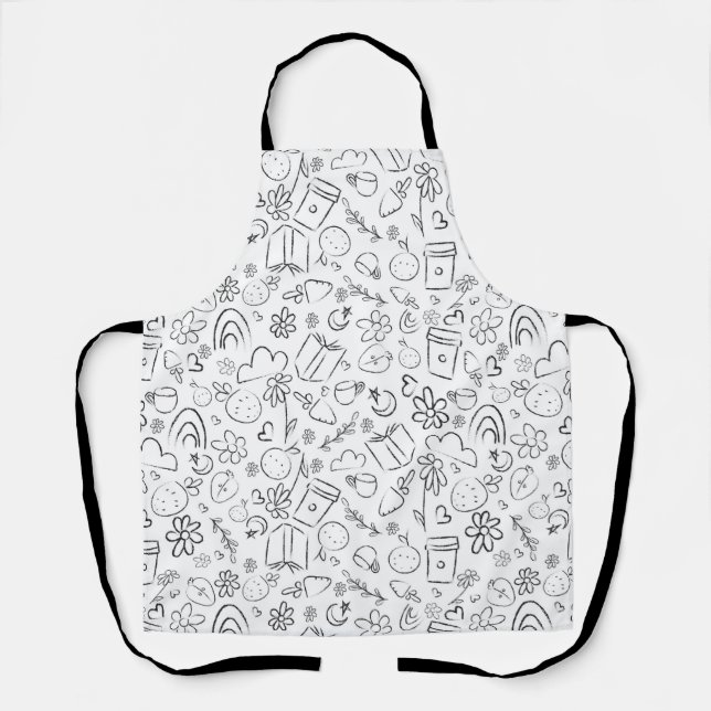 Black & White Doodle Cute Things Seamless Pattern Apron (Front)