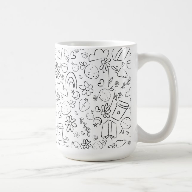 Black & White Doodle Cute Things Seamless Pattern Coffee Mug (Right)