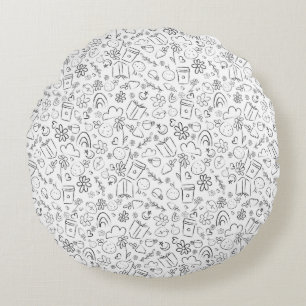 Black & White Doodle Cute Things Seamless Pattern Round Cushion