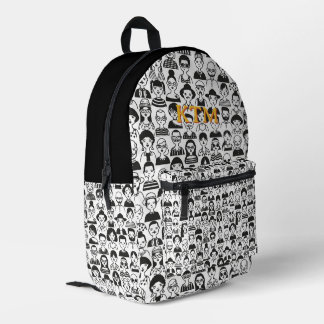 Black White Doodle Faces Monogram Yellow Text Printed Backpack