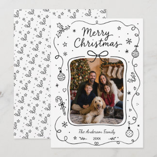 Black White Doodle Line Art Family Photo Christmas Holiday Card
