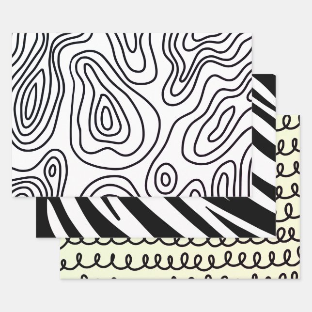 Black White doodle pattern wrapping paper sheet (Set)