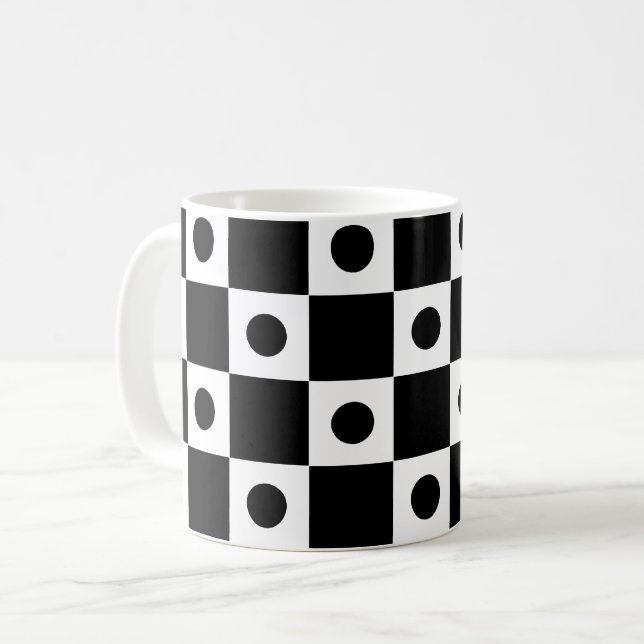 Black White Dot Circle Square Chequerboard Pattern Coffee Mug (Front Left)