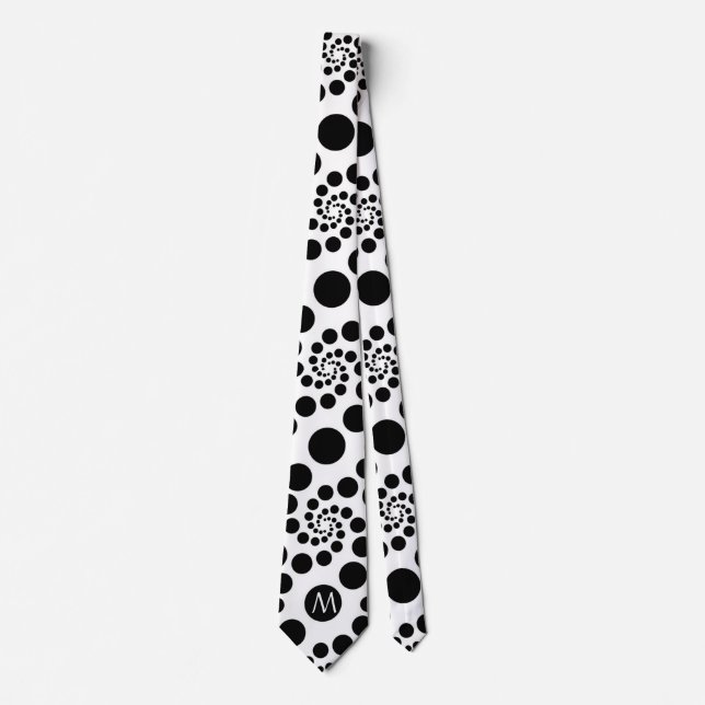 Black & White Dot Swirls Pattern Monogram Tie (Front)