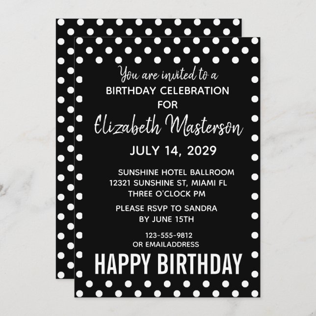 Black White Dots Happy Birthday Pattern Invitation (Front/Back)