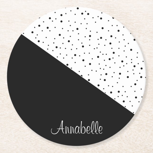 Black & White Dots Round Paper Coaster (Front)