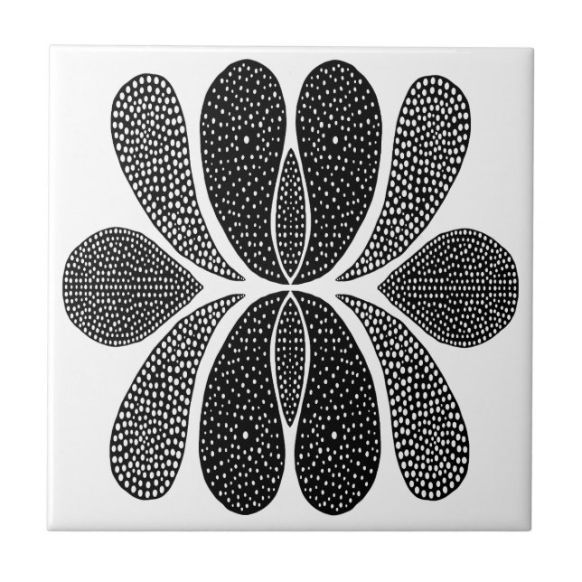 Black White Dotted Dots Drops Paisley Symmetry Tile (Front)