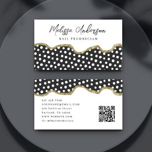 Black White Dotty Gold Glitter Preppy QR Code Business Card