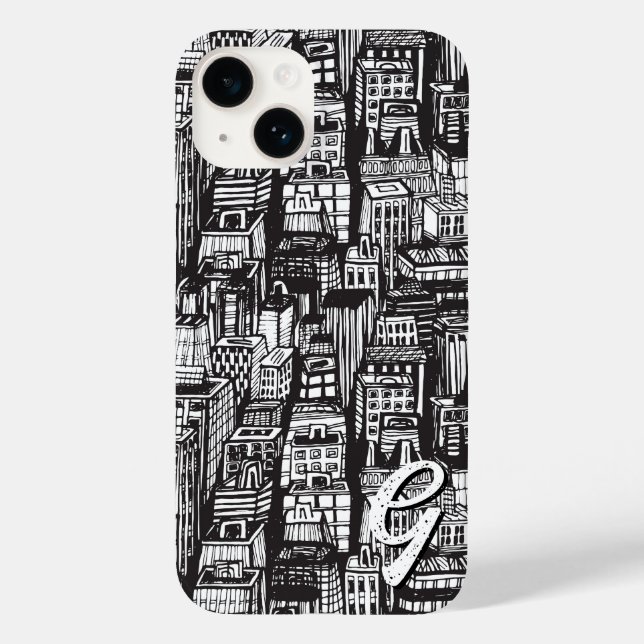 Black & White Downtown City, Skyscrapers, Monogram Case-Mate iPhone Case (Back)