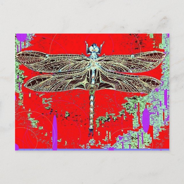 Black-white Dragonfly on red-purple by Sharles Postcard (Front)