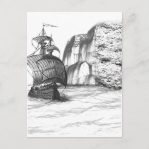 Black & White Drawing of a Sailing Ship Postcard