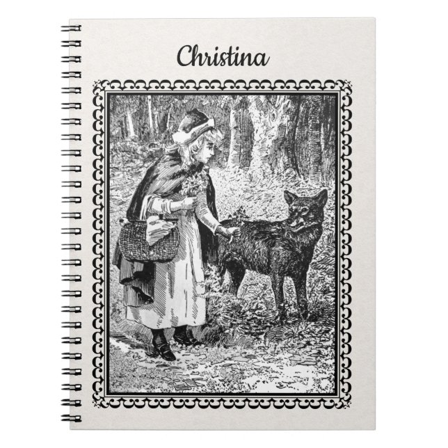 Black White Drawing Red Riding Hood Flowers Wolf Notebook (Front)