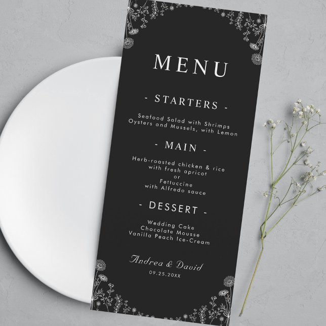 Black White Drawn Country White Wildflowers Rustic Menu (Creator Uploaded)