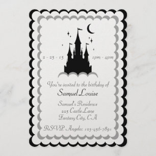Black White Dream Castle In The Clouds Birthday Invitation