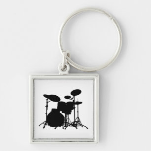Black & White Drum Kit Silhouette - For Drummers Key Ring