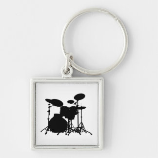 Black & White Drum Kit Silhouette - For Drummers Key Ring