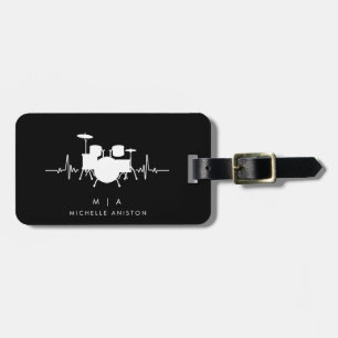Black White Drums Heartbeat Drummer Monogram  Luggage Tag