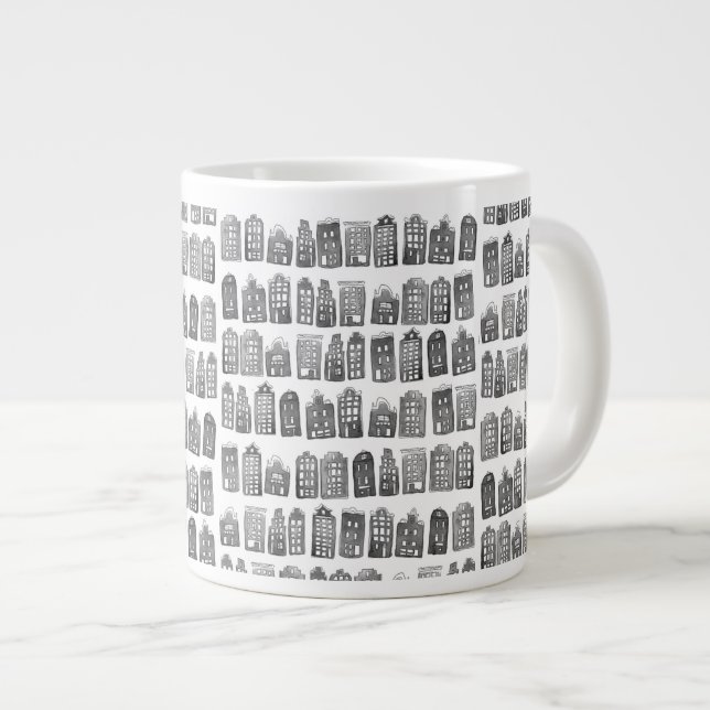 Black White Dutch Houses Amsterdam Pattern Minimal Large Coffee Mug (Front Right)