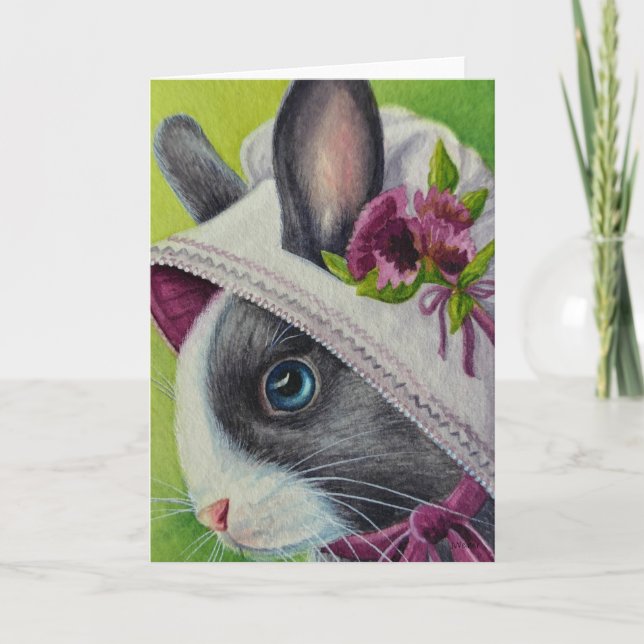 Black White Dutch Rabbit in Bonnet Watercolor Art Card (Front)