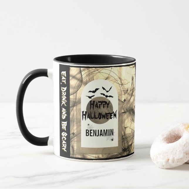 Black White Eat Drink and Be Scary Happy Halloween Mug (With Donut)