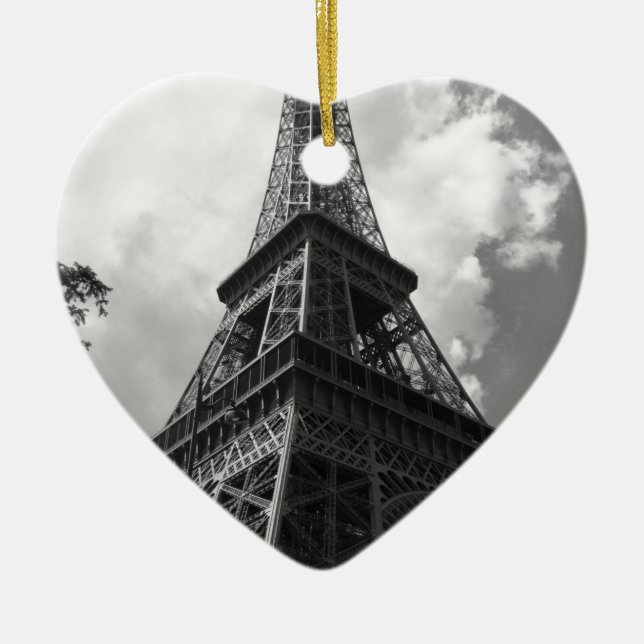 Black & White Eiffel Tower in Paris Ceramic Tree Decoration (Front)