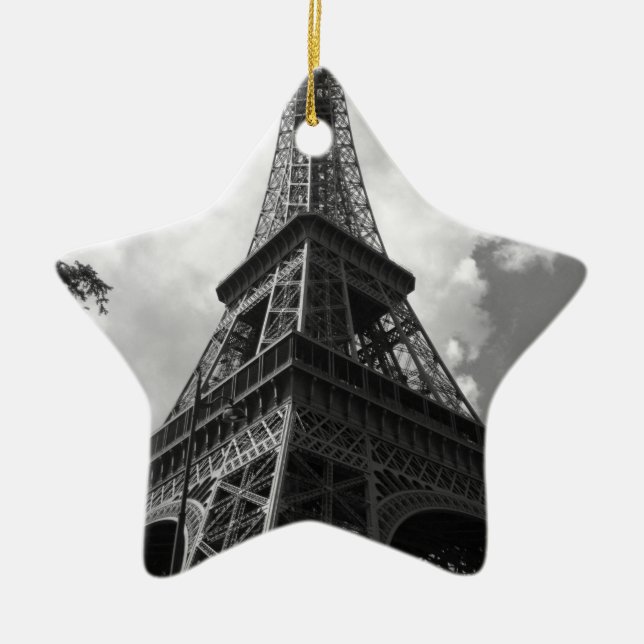 Black & White Eiffel Tower in Paris Ceramic Tree Decoration (Front)