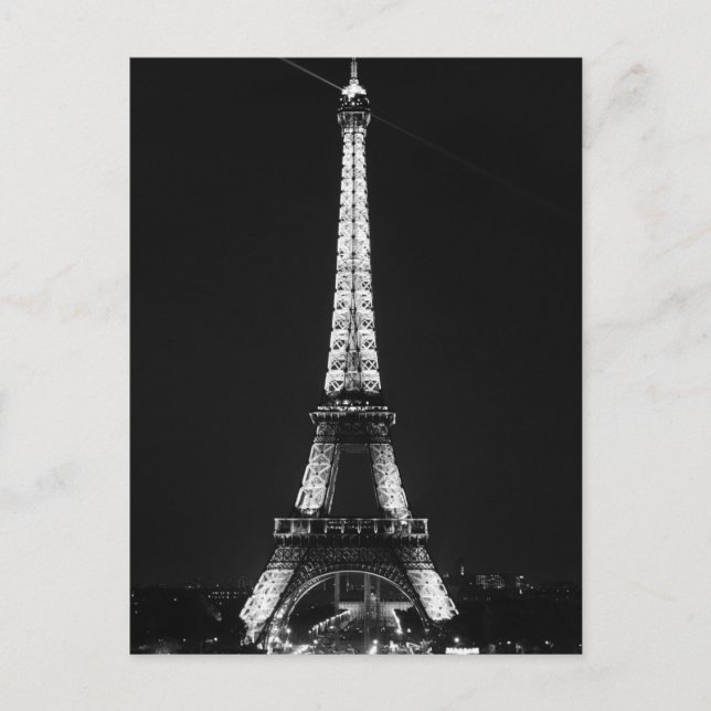 Black White Eiffel Tower in Paris Night Postcard (Front)