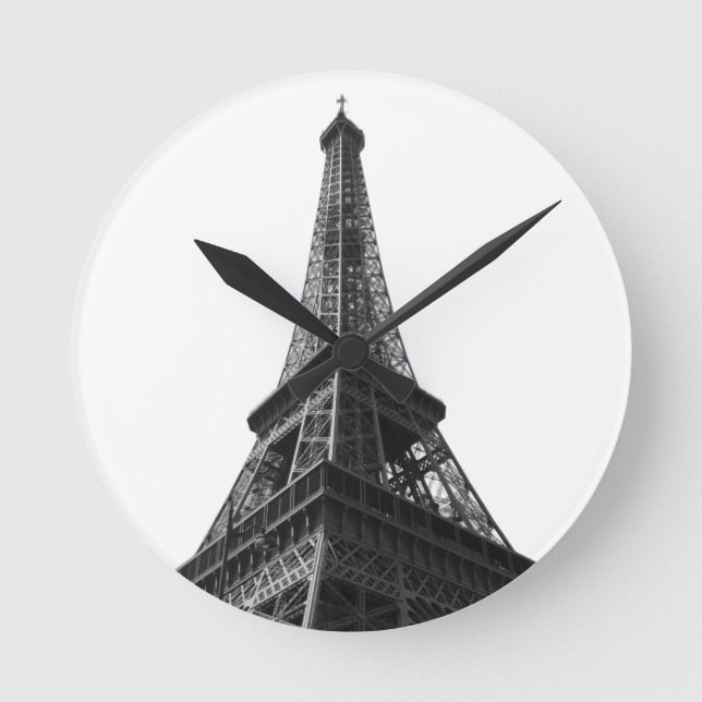 Black & White Eiffel Tower Paris European Travel Round Clock (Front)