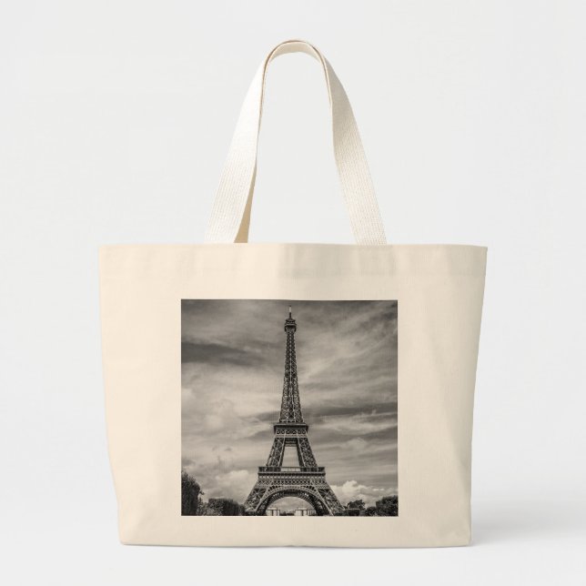 Black & White Eiffel Tower Paris France Large Tote Bag (Front)